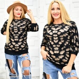 FUZZY KNIT ANIMAL PRINT SWEATER